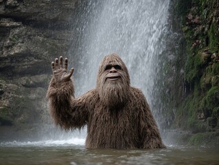 humorous picture of a waving Sasquatch taking a shower in waterfall