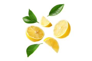  yellow lemon slices falling with green leaves isolated on white background PNG ,AI GENERATED