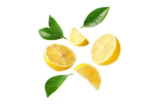  yellow lemon slices falling with green leaves isolated on white background PNG ,AI GENERATED