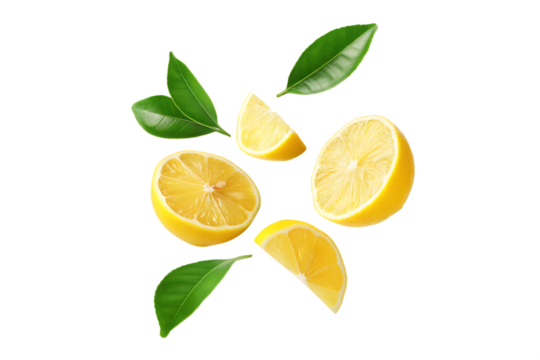  yellow lemon slices falling with green leaves isolated on white background PNG ,AI GENERATED