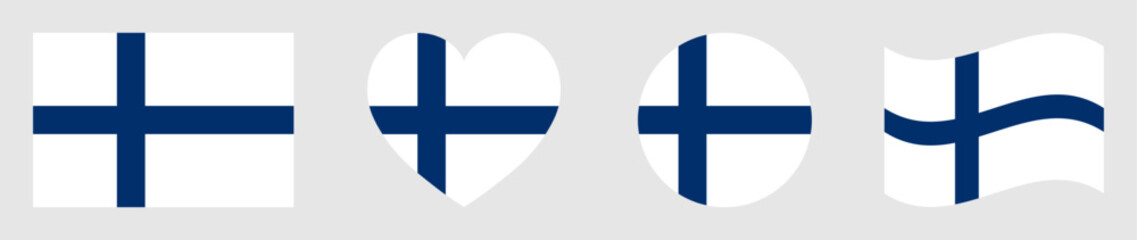 Finland flags set in square, heart, circle and waving formats designs element. Finland flags collection. Set of Finland flags icons isolated on gray background. Vector illustration.