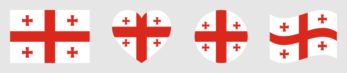 Georgia flags set in square, heart, circle and waving formats designs element. Georgia flags collection. Set of Georgia flags icons isolated on gray background. Vector illustration.