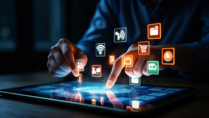 Person interacting with digital interface displaying application icons tablet technology