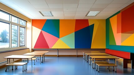 Colorful geometric wall art in a bright modern school cafeteria with tables and windows