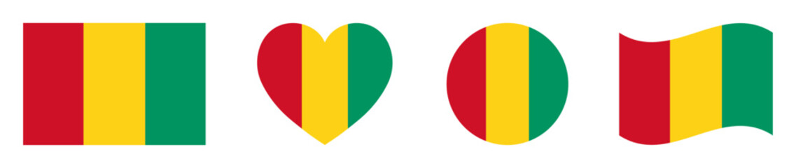 Guinea flags set in square, heart, circle and waving formats designs element. Guinea flags collection. Set of Guinea flags icons isolated on white background. Vector illustration.