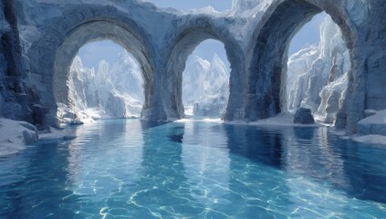 Icy Blue Water Reflects Snow Covered Mountains Through Ancient Stone Arches