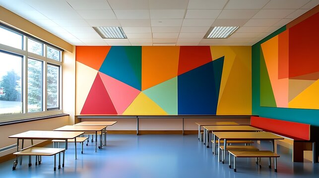 Colorful geometric wall art in a bright modern school cafeteria with tables and windows