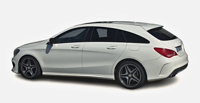White Mercedes-Benz CLA Shooting Brake parking on white background