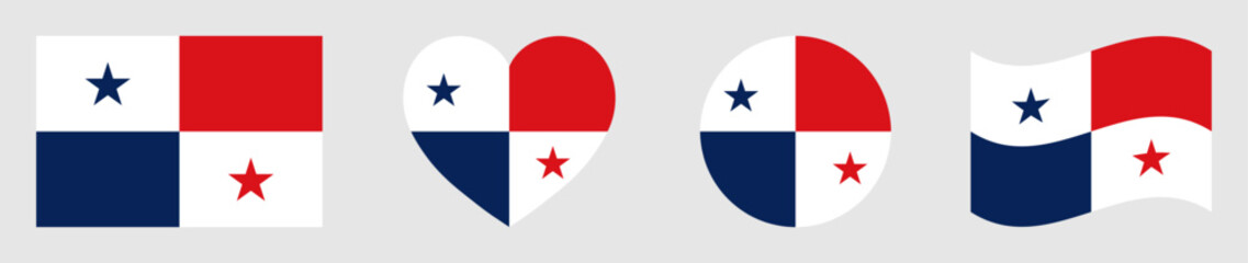 Panama flags set in square, heart, circle and waving formats designs element. Panama flags collection. Set of Panama flags icons isolated on gray background. Vector illustration.