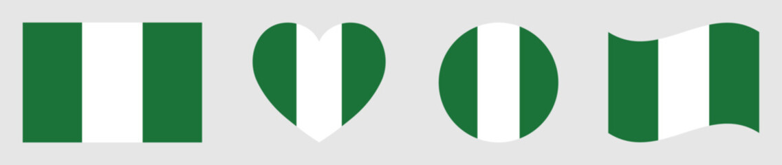 Obraz premium Nigerian flags set in square, heart, circle and waving formats designs element. Nigeria flags collection. Set of Nigeria flags icons isolated on gray background. Vector illustration.