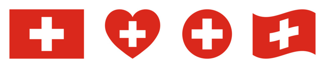 Obraz premium Switzerland flags set in square, heart, circle and waving formats designs element. Switzerland flags collection. Set of Switzerland flags icons isolated on white background. Vector illustration.
