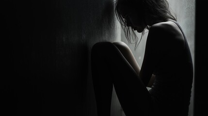 Close-up side view of a person sitting curled in a shadowed corner, face partly hidden in dim light, symbolizing emotional overwhelm, anxiety, and mental withdrawal into internal psychological space.