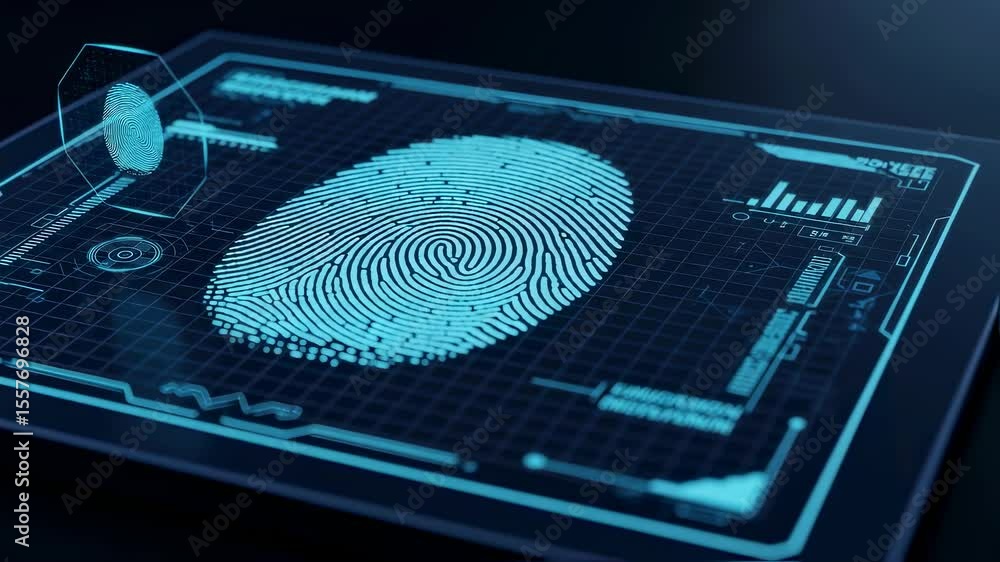 Poster digital fingerprint scanner authenticating access on a tablet screen, biometric security and identit