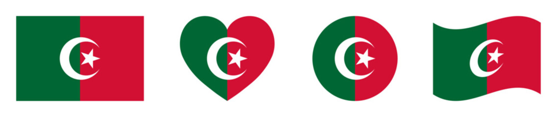 Algeria flags set in square, heart, circle and waving formats designs element. Algeria flags collection. Set of Algeria flags icons isolated on white background. Vector illustration.
