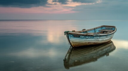 Fototapeta premium Weathered Boat at Sunset on Calm Sea