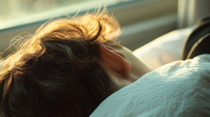 Close-up of a person lying face down on a white pillow, back of their head visible, soft early morning light falling across their shoulder, symbolizing emotional heaviness and morning depression