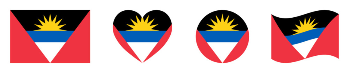 Fototapeta premium Antigua and Barbuda flags set in square, heart, circle and waving formats designs element. Antigua and Barbuda flags collection. Set of Antigua and Barbuda flags icons isolated on white background.