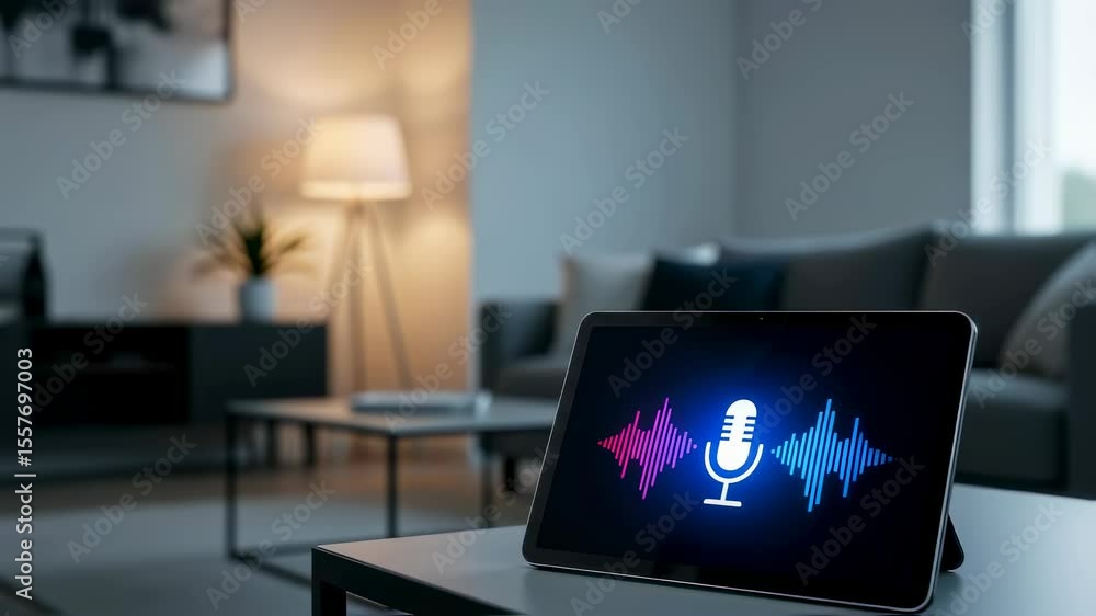 Poster voice command on tablet for smart home iris scanner unlocking. biometric security footage.
