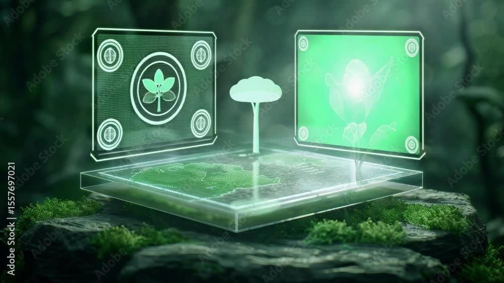 Aufkleber digital forest sanctuary: a vibrant digital artwork depicting a sanctuary of green and a tree with c