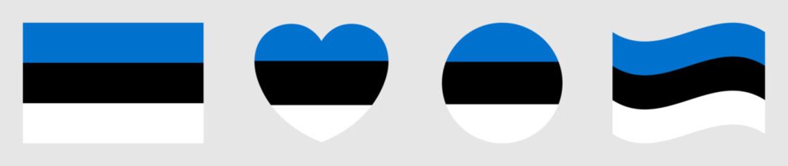 Obraz premium Estonia flags set in square, heart, circle and waving formats designs element. Estonia flags collection. Set of Estonian flags icons isolated on gray background. Vector illustration.