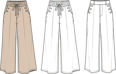 Wide leg pants fashion flat sketch, front view cad drawing, technical vector template, high waist buttoned trousers fashion illustration