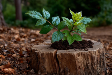New Life Sprout: A vibrant young plant emerges from a decaying tree stump, symbolizing rebirth, resilience, and the cycle of life in nature.