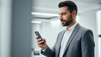 Caucasian man using phone for face recognition or biometric security scan in an office setting footage - Powered by Adobe