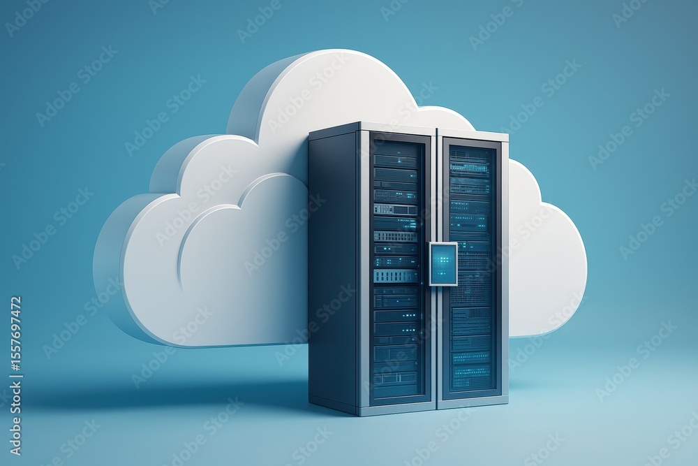 Fototapete Cloud Computing and Data Storage: A conceptual depiction of cloud computing, featuring a server rack seamlessly integrated with an ethereal cloud, representing modern data storage solutions. 