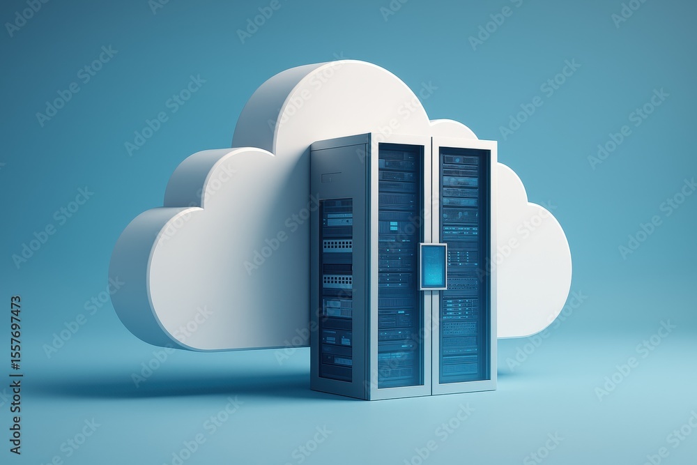 Poster cloud server technology: a modern, stylized 3d rendering of a cloud computing server, symbolizing da