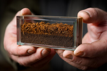 Soil Sample Displayed: Close-up shot of a clear, rectangular container showcasing a cross-section of soil layers, held in a pair of hands. The image evokes the exploration of earth science.