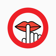 Silence Sign Icon: A simple yet powerful sign illustrating a universal concept, depicted with a finger pressed against lips within a vibrant red circle.