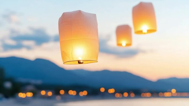 Sky Lanterns Soaring at Dusk: Illuminated sky lanterns drift gently into the evening sky, carrying wishes and dreams into the soft twilight, their warm glow contrasting with the cool colors of dusk.