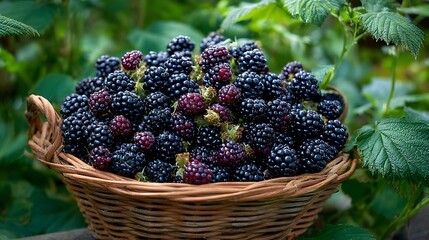 Vibrant photo of basket overflowing with fresh ripe blackberries as background , foliage, bushy, foliage, bushy, ripe, fruit, sweet.