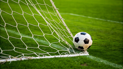 Soccer ball resting near the goal net on a vibrant green grass field with white markings, soccer, football, goal, net, grass, field, sport, game