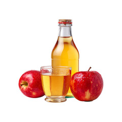 Fresh red apples and glass of apple juice with bottle isolated on transparent background