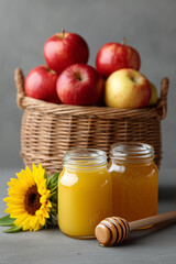 A rustic yet elegant arrangement featuring two glass jars filled with golden honey in the foreground, accompanied by a wooden honey dipper and a vibrant sunflower.