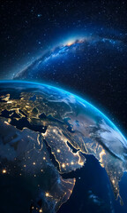 Earth at night from space showing illuminated continents and the vastness of the milky way galaxy, earth, space, night, galaxy, milky, way, stars