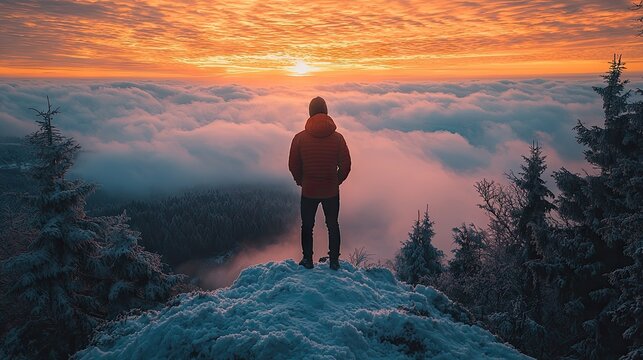 A person stands on a snow-covered mountain peak, gazing at a sunrise above a sea of clouds.