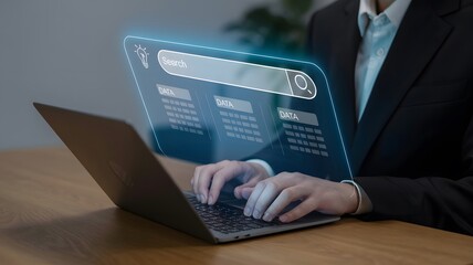 Professional uses laptop with a search interface, reflecting modern technology and internet data access for efficient business communication and digital research.