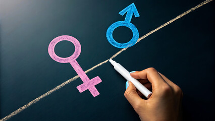Hand drawing a dividing line between female and male gender symbols on a dark chalkboard