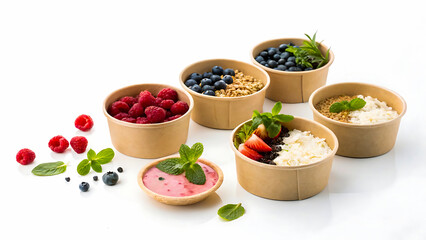 Healthy breakfast bowls with fresh berries granola and yogurt on a white background, breakfast, food, berry, fruit, healthy, yogurt