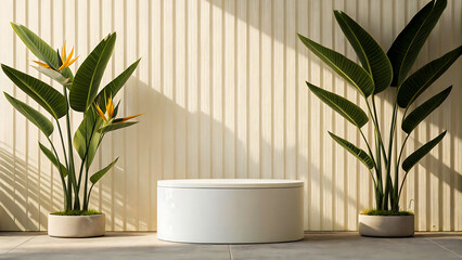 Minimalist interior scene with two potted bird of paradise plants flanking a white cylindrical pedestal, interior, design, plant, pedestal, minimalist