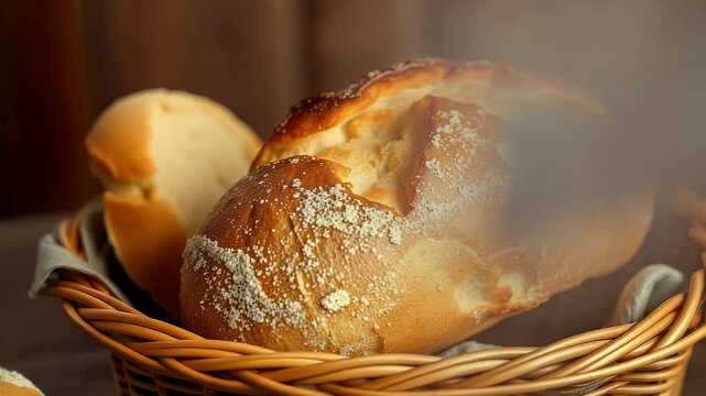  A basket of freshly baked bread with a golden crust, showcasing its warmth and rustic charm