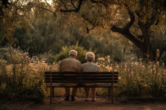 Elderly couple sits on a park bench surrounded by flowers and trees in a peaceful and serene setting