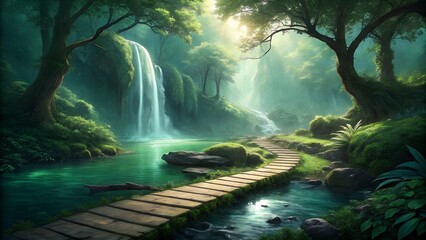 Tranquil Nature Landscape AI Art,AI-generated digital illustration of a peaceful, vibrant green forest with a wooden path leading to a majestic water