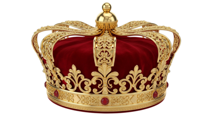 A lavish crown with a deep red velvet cap, encircled by intricate gold filigree and accented with what appear to be ruby-red and pearl-like gems.
