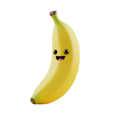 A bright yellow banana cartoon character with a cheerful face, big eyes, and an open mouth showing small teeth, set against a white background.
