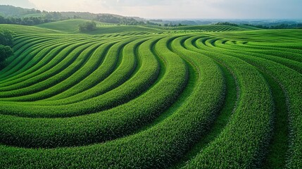 Lush green fields with terraced patterns.