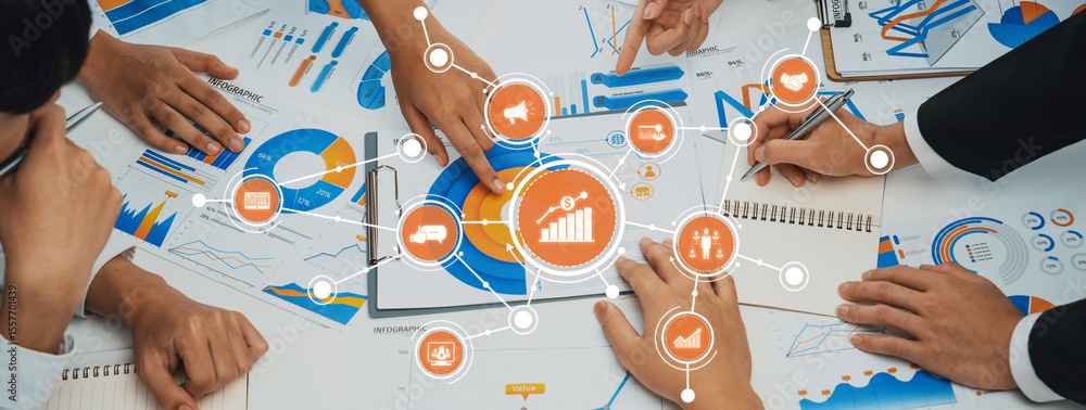Poster engaging team members showcase collaboration in a high-tech workspace, utilizing charts and graphs t