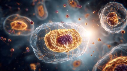 Macro biological render of mitochondria surrounded intracellular germs realistic scientific lighting detailed cell membrane textures